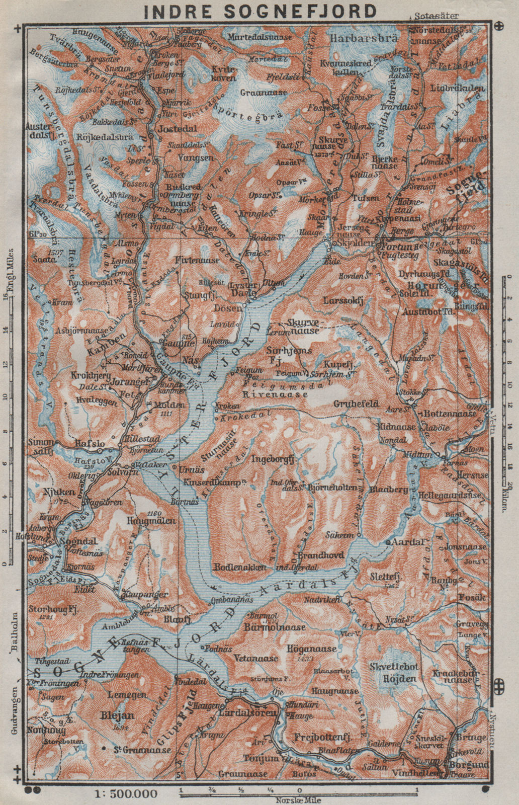 INNER SOGNEFJORD topo-map. Gaupne Luster Ardalstangen. Norway kart 1909
